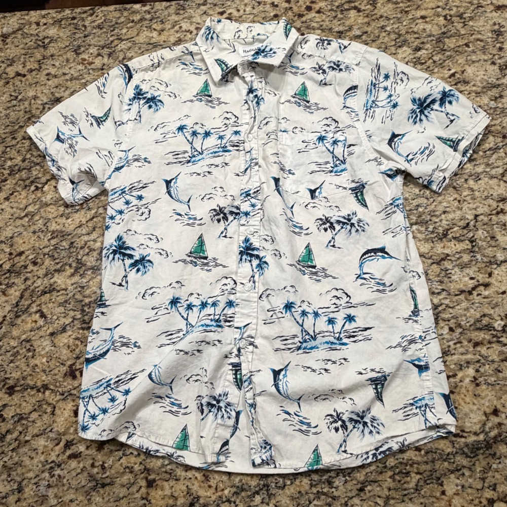 Haggar Mens Tropical Nautical Button Down Shirt White Marlin Sailboat Palm M